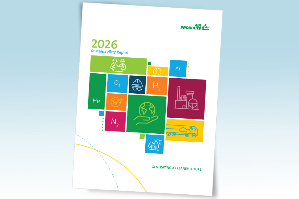 Cover of Air Products' 2026 Sustainability Report featuring a collage of icons representing an industrial gas plant, industrial gas delivery truck, engineering and sustainability